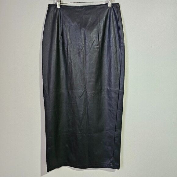 EUC TOPSHOP BLACK FAUX LEATHER TWISTED MIDI SKIRT SIDE SLIT SIZE 8 / SMALL - Picture 2 of 16